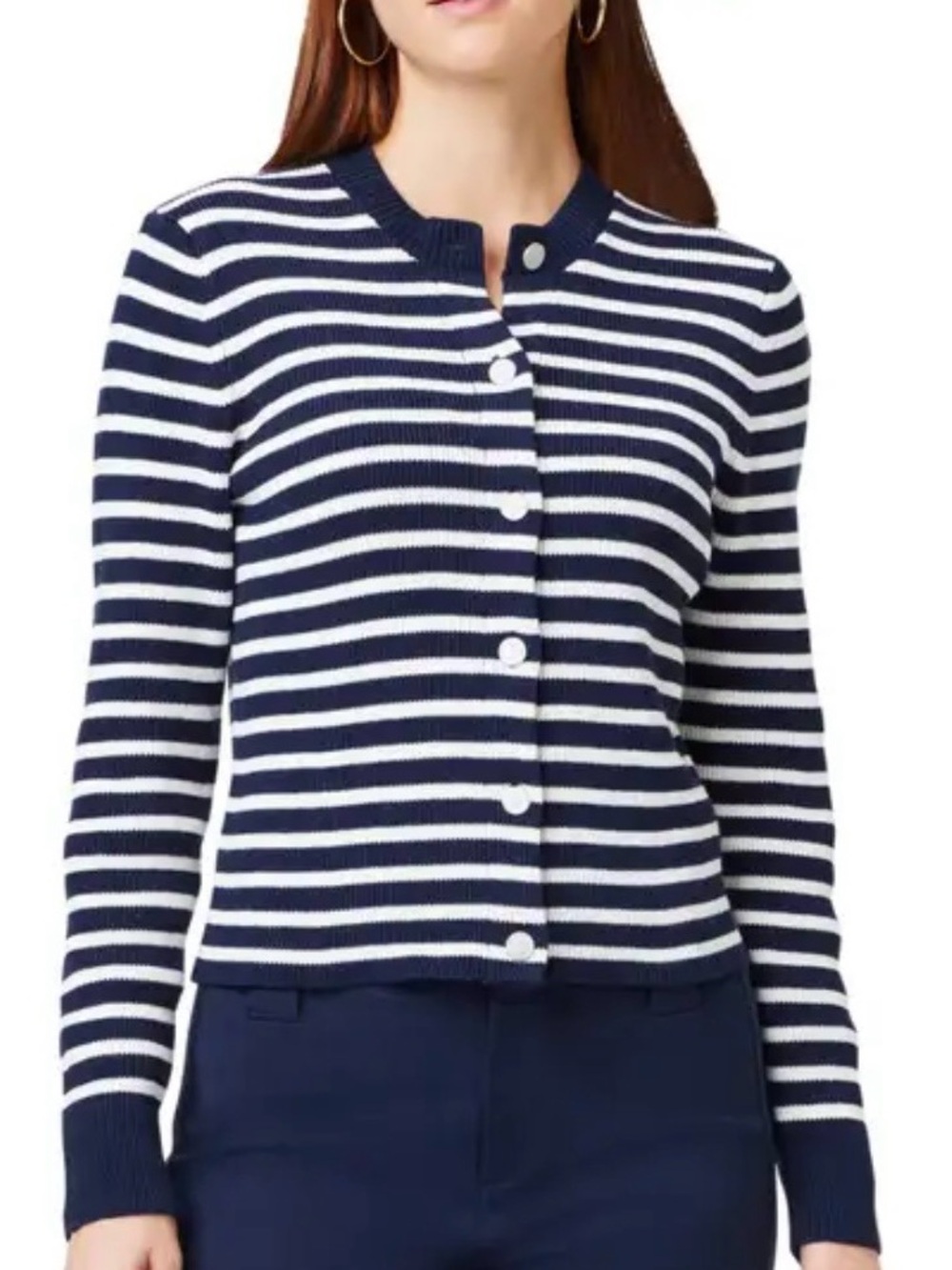 NIC+ZOE Navy and White Striped Button-Front Cardigan